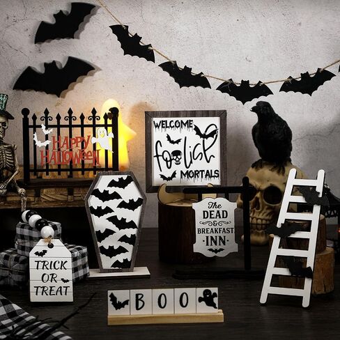 Umigy 15 Pcs Halloween Tiered Tray Decor Set Cute Halloween Wooden Signs Farmhouse Rustic Tiered Tray Decoration Items for Home Table House Room Kitchen Party (Black Cat) in Saudi Arabia