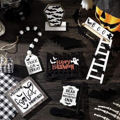 Umigy 15 Pcs Halloween Tiered Tray Decor Set Cute Halloween Wooden Signs Farmhouse Rustic Tiered Tray Decoration Items for Home Table House Room Kitchen Party (Black Cat) in Saudi Arabia