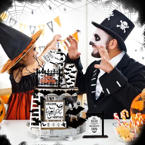 Umigy 15 Pcs Halloween Tiered Tray Decor Set Cute Halloween Wooden Signs Farmhouse Rustic Tiered Tray Decoration Items for Home Table House Room Kitchen Party (Black Cat) in Saudi Arabia