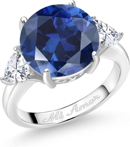 Gem Stone King 925 Sterling Silver Customized and Personalized 12MM Round and 5MM Trillion Cut Gemstone Birthstone 3 Stone Name Engraved Ring For Women in Saudi Arabia