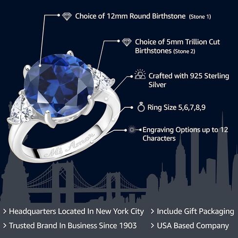 Gem Stone King 925 Sterling Silver Customized and Personalized 12MM Round and 5MM Trillion Cut Gemstone Birthstone 3 Stone Name Engraved Ring For Women in Saudi Arabia