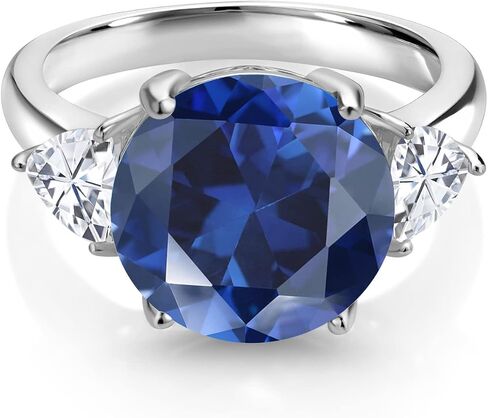Gem Stone King 925 Sterling Silver Customized and Personalized 12MM Round and 5MM Trillion Cut Gemstone Birthstone 3 Stone Name Engraved Ring For Women in Saudi Arabia
