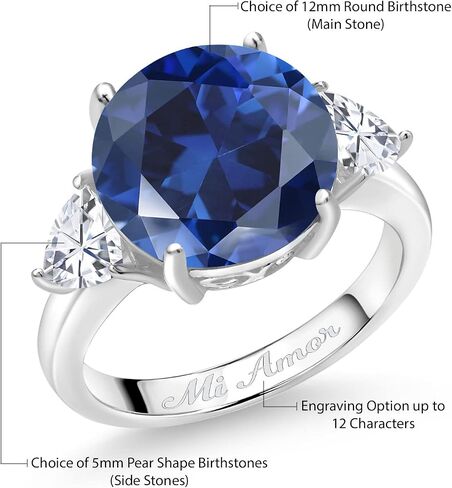 Gem Stone King 925 Sterling Silver Customized and Personalized 12MM Round and 5MM Trillion Cut Gemstone Birthstone 3 Stone Name Engraved Ring For Women in Saudi Arabia
