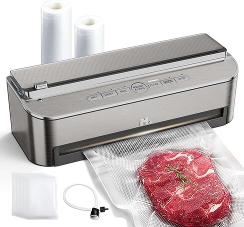 Vacuum Sealer Machine, 85kPa 120W Automatic Food Sealer, Powerful Sealing System, Build-in Cutter | Bags Storage | Moist Mode and Air Suction Hose | 2 Bag Rolls and 5pcs Pre-cut Bags in Kuwait