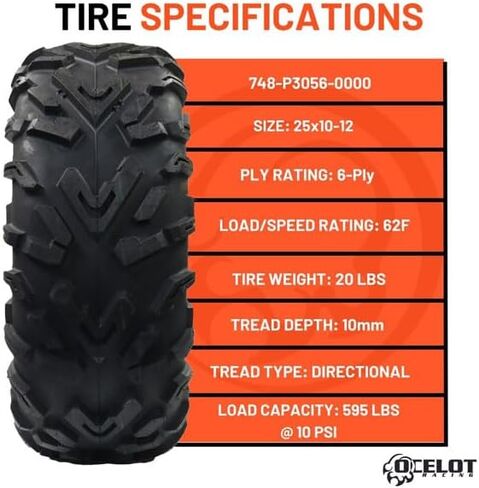 Ocelot P3056 All Terrain ATV/UTV 25x10-8 Tire, 6-Ply, 10mm Tread Depth, Smooth Ride and Low Rolling Noise, Rugged Lugs, Superior Traction for Deep Ruts, Tubeless, Ideal for Mud, Snow and Trail in Kuwait