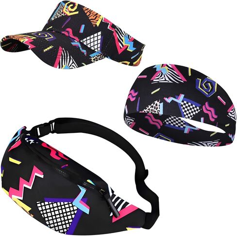3 Pcs 80s 90s Fanny Pack Outfits Sun Visor Hat Fashion Adjustable Waist Bag Headband for Men Women Novelty Accessories in Saudi Arabia