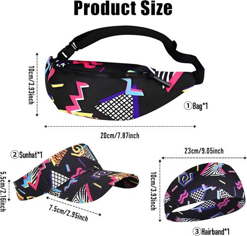 3 Pcs 80s 90s Fanny Pack Outfits Sun Visor Hat Fashion Adjustable Waist Bag Headband for Men Women Novelty Accessories in Saudi Arabia