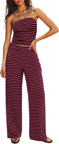 Two Piece Sets For Women Summer Outfits Lounge Sets Striped Tube Top And Pants Matching Sets Beach Vacation Travel in Saudi Arabia