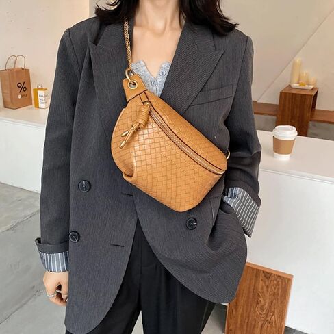 Woven Bum Bag Stylish Sling Purse with Adjustable PU Leather Belt Fanny Waist Pack Chest Shoulder Bag Retro Crossbody Bum Bags for Women Casual Daily Use(Black) in Saudi Arabia