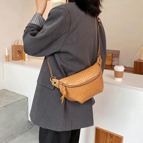 Woven Bum Bag Stylish Sling Purse with Adjustable PU Leather Belt Fanny Waist Pack Chest Shoulder Bag Retro Crossbody Bum Bags for Women Casual Daily Use(Black) in Saudi Arabia
