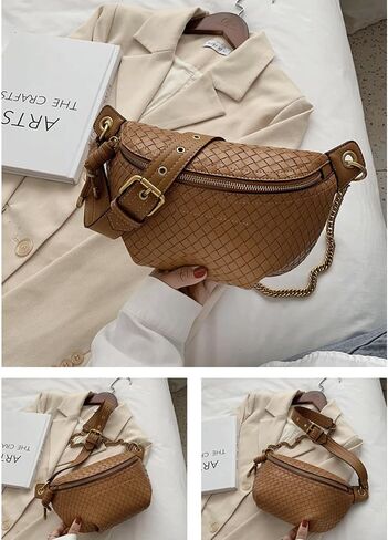 Woven Bum Bag Stylish Sling Purse with Adjustable PU Leather Belt Fanny Waist Pack Chest Shoulder Bag Retro Crossbody Bum Bags for Women Casual Daily Use(Black) in Saudi Arabia