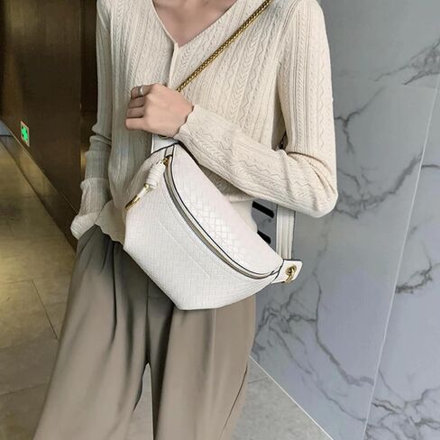 Woven Bum Bag Stylish Sling Purse with Adjustable PU Leather Belt Fanny Waist Pack Chest Shoulder Bag Retro Crossbody Bum Bags for Women Casual Daily Use(Black) in Saudi Arabia
