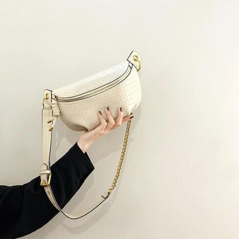 Woven Bum Bag Stylish Sling Purse with Adjustable PU Leather Belt Fanny Waist Pack Chest Shoulder Bag Retro Crossbody Bum Bags for Women Casual Daily Use(Black) in Saudi Arabia
