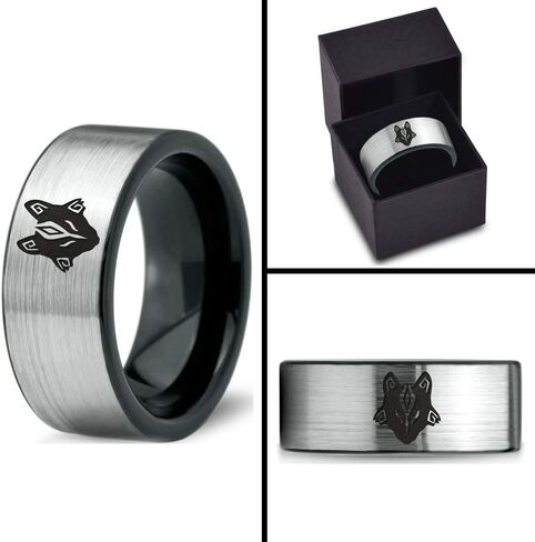 Hunter Fenrir Viking Nordic Celtic Tribal Wolf Ring - Tungsten Band 8mm - Men - Women - 18K Rose Gold Step Edge - أصفر - رمادي - أزرق - أسود - مصقول - زفاف - هدية قبة مسطحة قطع in Saudi Arabia