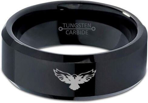Falcon Eagle Bird Ring - Tungsten Band 8mm - Men - Women - 18k Rose Gold Step Bevel Edge - Yellow - Grey - Blue - Black - Brushed - Polished - Wedding - Gift Dome Flat Cut in Saudi Arabia