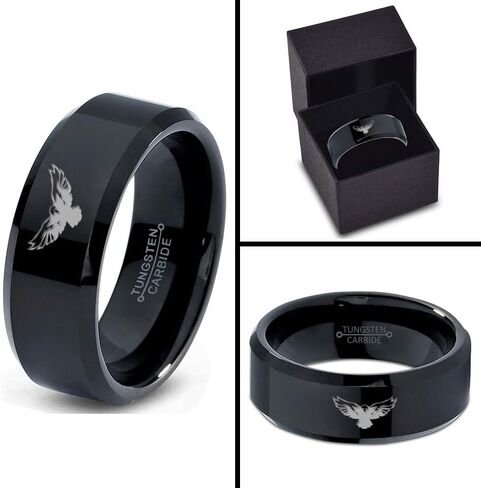Falcon Eagle Bird Ring - Tungsten Band 8mm - Men - Women - 18k Rose Gold Step Bevel Edge - Yellow - Grey - Blue - Black - Brushed - Polished - Wedding - Gift Dome Flat Cut in Saudi Arabia
