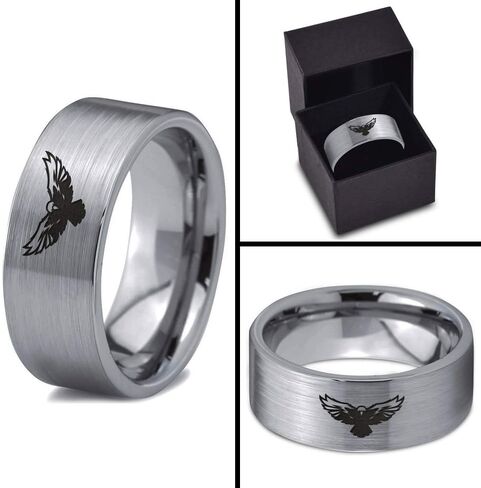 Falcon Eagle Bird Ring - Tungsten Band 8mm - Men - Women - 18k Rose Gold Step Bevel Edge - Yellow - Grey - Blue - Black - Brushed - Polished - Wedding - Gift Dome Flat Cut in Saudi Arabia