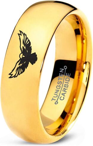 Falcon Eagle Bird Ring - Tungsten Band 8mm - Men - Women - 18k Rose Gold Step Bevel Edge - Yellow - Grey - Blue - Black - Brushed - Polished - Wedding - Gift Dome Flat Cut in Saudi Arabia
