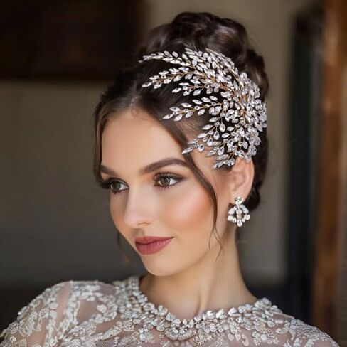 HONGMEI Bridal Rhinestone Headpiece for Wedding，Leaf Crystal Hair Pieces Bride Side Headpieces Wedding Hair Accessories for Women (Silver) in Kuwait