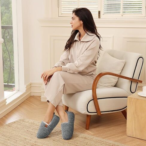 Athmile slippers fuzzy for Women House Slippers Memory Foam Loafer مع طلاء الصوف القطبي المخلوق الرمادي الداخلي في الهواء الطلق in Saudi Arabia