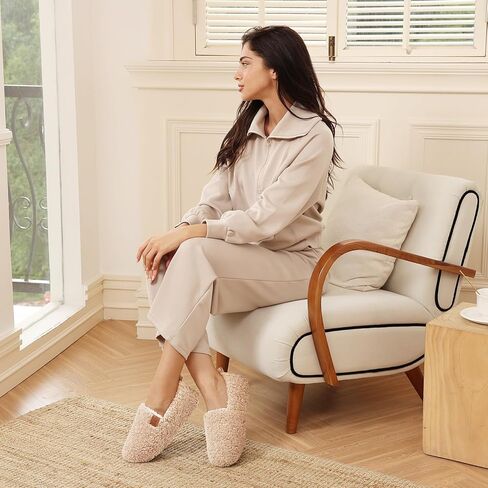 ATHMILE Fuzzy Slippers for Women House Slippers Memory Foam Curly Loafer with Polar Fleece Lining Indoor Outdoor Grey in Kuwait