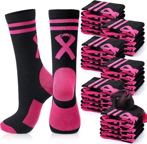 Haysandy 24 Pairs Breast Cancer Awareness Socks Bulk Soft Pink Ribbon Football Socks for Women Softball Volleyball Sport in Saudi Arabia