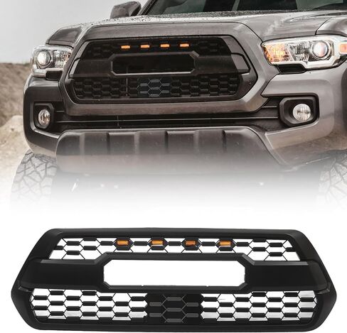 الشبكة الأمامية المتوافقة مع 2016-2023 Tacoma SR/SR5/TRD Off-Road/TRD Models ، Grille Grille ABS Honeycomb Grill مع مصابيح LED ومع غطاء مستشعر TSS ، أسود غير لامع in Kuwait