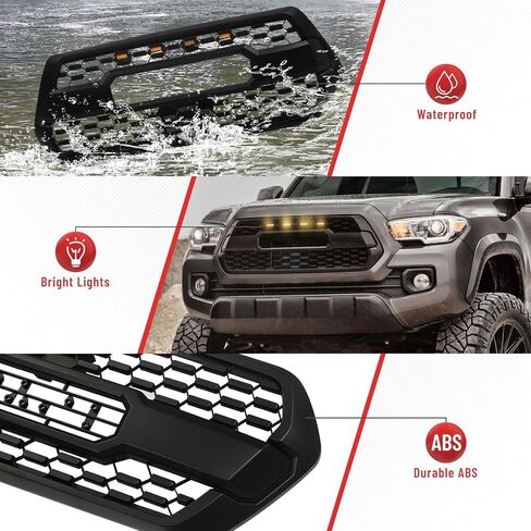 الشبكة الأمامية المتوافقة مع 2016-2023 Tacoma SR/SR5/TRD Off-Road/TRD Models ، Grille Grille ABS Honeycomb Grill مع مصابيح LED ومع غطاء مستشعر TSS ، أسود غير لامع in Kuwait