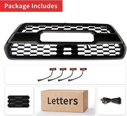 الشبكة الأمامية المتوافقة مع 2016-2023 Tacoma SR/SR5/TRD Off-Road/TRD Models ، Grille Grille ABS Honeycomb Grill مع مصابيح LED ومع غطاء مستشعر TSS ، أسود غير لامع in Kuwait