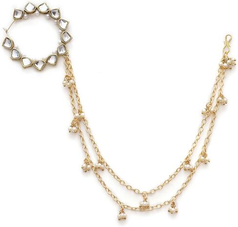 Traditional Indian Kundan Nath with Hair Chain Jewelry for Women |Nose to Ear Chain Bridal Wedding Nath Jewelry with White Pearls in Saudi Arabia
