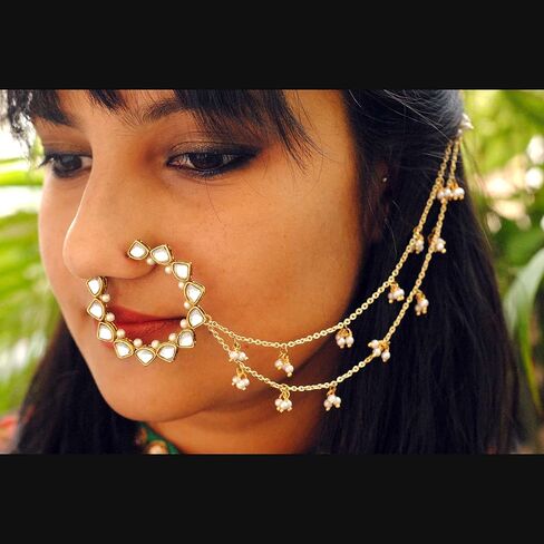 Traditional Indian Kundan Nath with Hair Chain Jewelry for Women |Nose to Ear Chain Bridal Wedding Nath Jewelry with White Pearls in Saudi Arabia