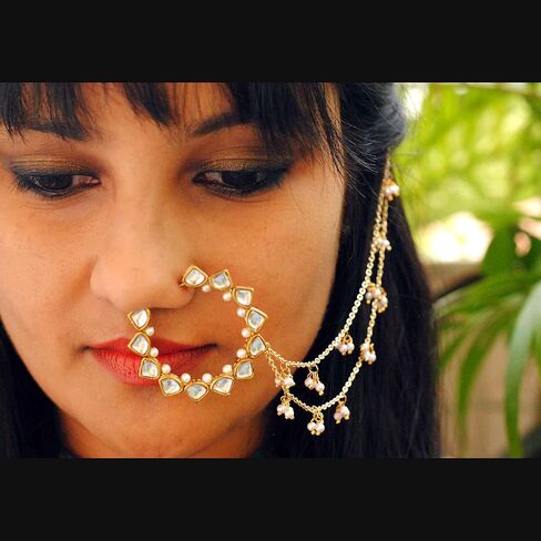 Traditional Indian Kundan Nath with Hair Chain Jewelry for Women |Nose to Ear Chain Bridal Wedding Nath Jewelry with White Pearls in Saudi Arabia