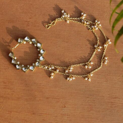 Traditional Indian Kundan Nath with Hair Chain Jewelry for Women |Nose to Ear Chain Bridal Wedding Nath Jewelry with White Pearls in Saudi Arabia