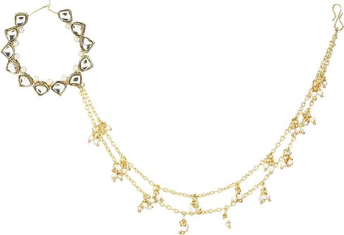 Traditional Indian Kundan Nath with Hair Chain Jewelry for Women |Nose to Ear Chain Bridal Wedding Nath Jewelry with White Pearls in Saudi Arabia
