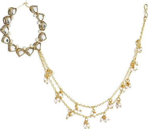 Traditional Indian Kundan Nath with Hair Chain Jewelry for Women |Nose to Ear Chain Bridal Wedding Nath Jewelry with White Pearls in Saudi Arabia
