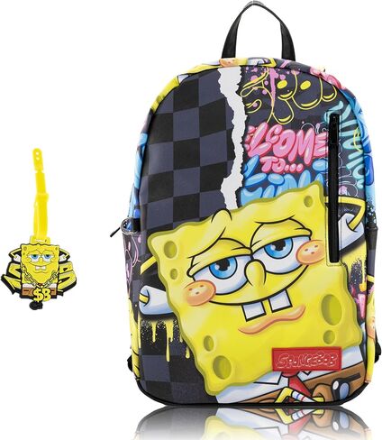 حقيبة ظهر SPONGEBOB Squarepants للمراهقين مع علامة الأمتعة المطاط | 2 قطعة سبونجبوب حقيبة ظهر للبنين ، البنات ، للجنسين | حقيبة ظهر مدرسة سبونجبوب وضروايا السفر in Saudi Arabia