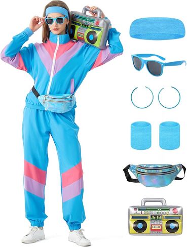 80s Outfit for Women 80s Tracksuit Retro Windbreaker Women 90s Color Block 2 Piece Tracksuit Set in Saudi Arabia