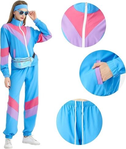 80s Outfit for Women 80s Tracksuit Retro Windbreaker Women 90s Color Block 2 Piece Tracksuit Set in Saudi Arabia