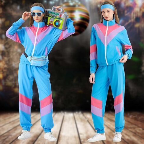 80s Outfit for Women 80s Tracksuit Retro Windbreaker Women 90s Color Block 2 Piece Tracksuit Set in Saudi Arabia