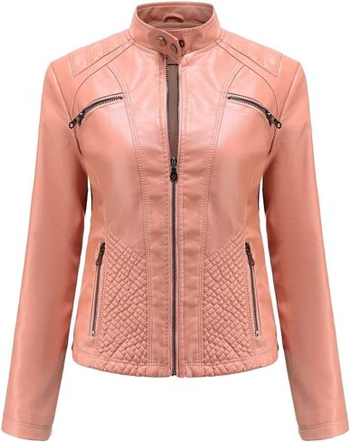 Women's Fashion Faux Leather Jackets Lightweight Solid Color Outwear Zip Up Casual Moto Biker Slim Spring Fall Coat in Saudi Arabia