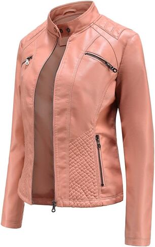 Women's Fashion Faux Leather Jackets Lightweight Solid Color Outwear Zip Up Casual Moto Biker Slim Spring Fall Coat in Saudi Arabia