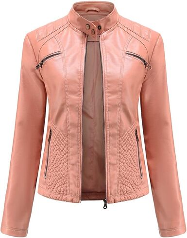 Women's Fashion Faux Leather Jackets Lightweight Solid Color Outwear Zip Up Casual Moto Biker Slim Spring Fall Coat in Saudi Arabia