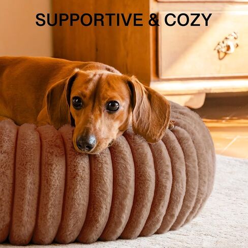 MEWOOFUN Donut Dog Beds for Small Dog, Calming Bed Round Cute Puppy Bed with Non-Slip Bottom, Fluffy Washable Pet Bed for Puppy and Kitten (Cream, S (25x25x7)) in Kuwait