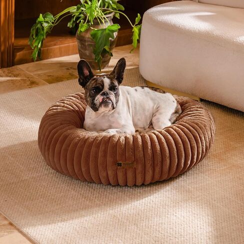 MEWOOFUN Donut Dog Beds for Small Dog, Calming Bed Round Cute Puppy Bed with Non-Slip Bottom, Fluffy Washable Pet Bed for Puppy and Kitten (Cream, S (25x25x7)) in Kuwait