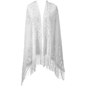 White Shawl for Women, Elegant Triangle Bridal Wedding Wrap, Vintage Crochet Tassel Scarf Wrap Lightweight Mesh Cover-Up for Beach Church Events in Saudi Arabia