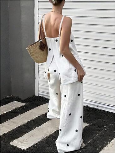 MakeMechic Women's 2 قطعة من قطعة البولكا نقاط السباغيتي حزام كامي أعلى وسراويل سروال الصيف مجموعة المطابقة in Kuwait