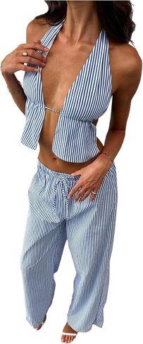 WDIRARA Women's Striped 2 Piece Set Tie Backless Sleeveless Halter Top & Wide Leg Pants Outfits Suit in Saudi Arabia