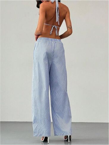 WDIRARA Women's Striped 2 Piece Set Tie Backless Sleeveless Halter Top & Wide Leg Pants Outfits Suit in Saudi Arabia