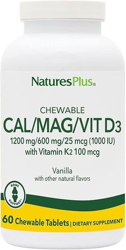 NaturesPlus Cal/Mag/VIT D3 مع فيتامين K2-60 أقراص قابلة للمضغ - نكهة الشوكولاتة - الكالسيوم والمغنيسيوم وفيتامين D3 وK2 مكمل لدعم صحة العظام - 30 وجبة in Saudi Arabia