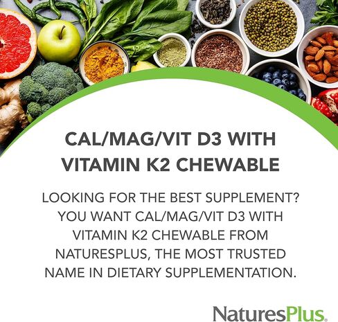 NaturesPlus Cal/Mag/VIT D3 مع فيتامين K2-60 أقراص قابلة للمضغ - نكهة الشوكولاتة - الكالسيوم والمغنيسيوم وفيتامين D3 وK2 مكمل لدعم صحة العظام - 30 وجبة in Saudi Arabia